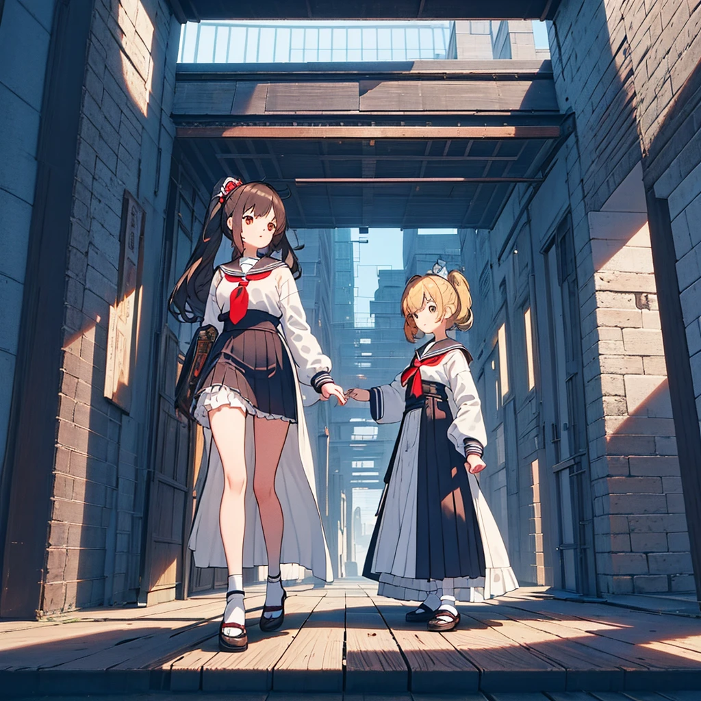 Striking and photorealistic 2.5D moe anime style. Mami, a good-looking and talented high school girl with long, flowing dark blonde hair, stands confidently in front of a modern, magnificent school building reminiscent of a school town. She wears a sailor uniform, the bright colors of the black and white fabric and red sailor tie adding to her allure. Her costume is elegant and traditional, and her feminine mami pose is reminiscent of a traditional , which must be both graceful and alluring. Her hair, tie, and skirt flutter in the wind. Her companion is a tuxedo-clad, first-generation butler, who stands behind her as her caretaker. The background is a futuristic school, bright and surrealistic colors, and other futuristic fantasy elements abound to create a magical school atmosphere. The traditional Japanese beauty and fantasy elements are fused together to create a cool and stylish mami. Enhance the overall quality and detail and provide new patterns for variation. Increase the resolution and quality to the extreme values and challenge yourself to draw deeply and richly in ultra-fine detail.