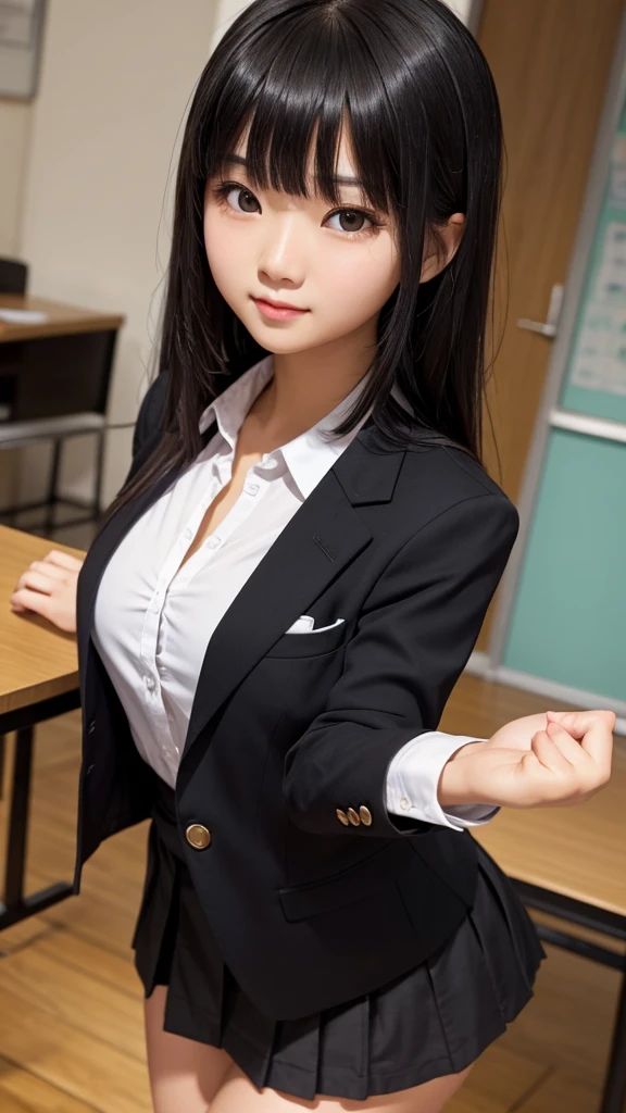 ((Tabletop)), (Detailed face), (highlight),　Asian Girl、Black Hair、Heavy bangs、high school girl、skirt、blazer、Support your chest with your arms、Gazing Eyes、