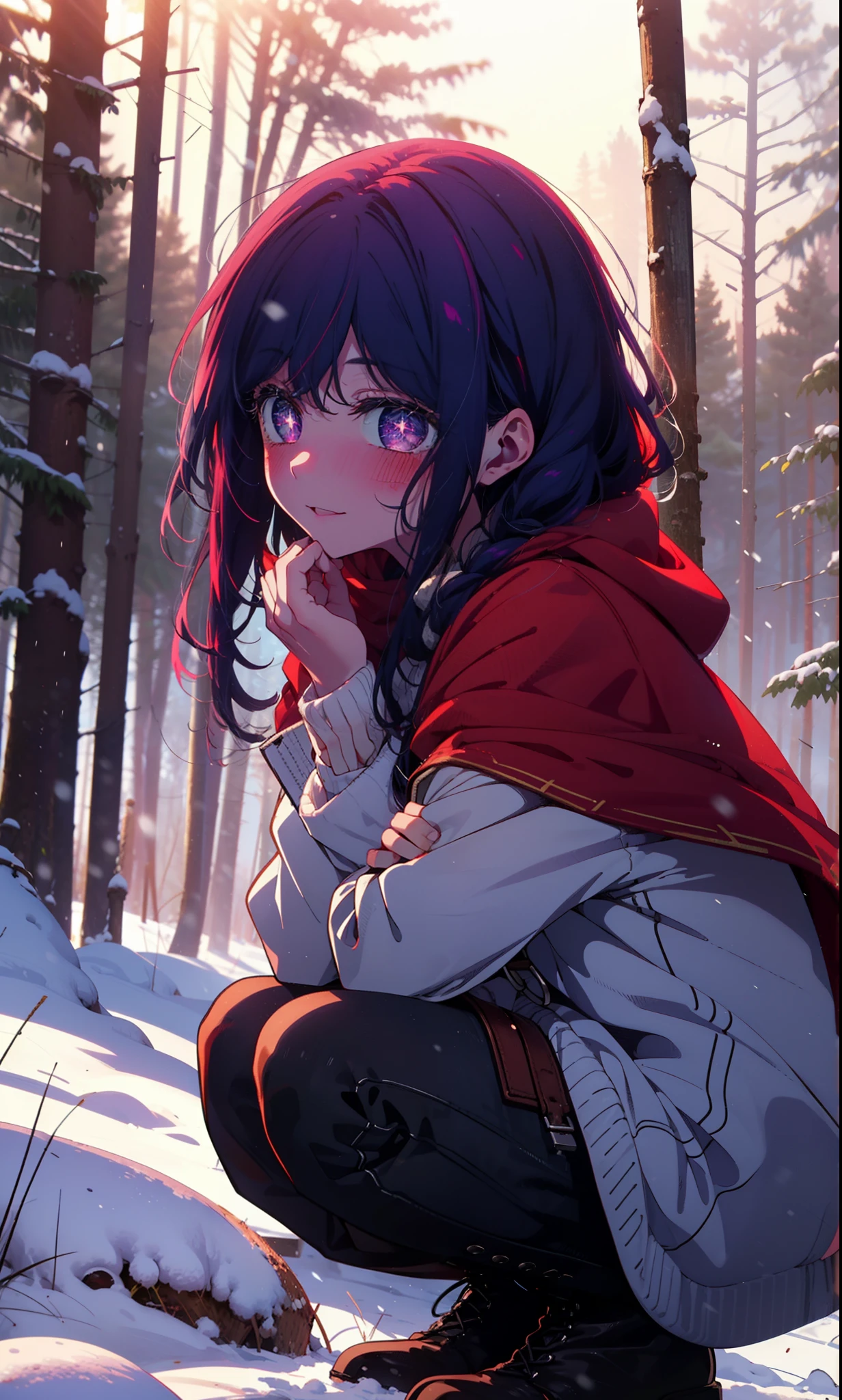 aihoshino, Ai Hoshino, Long Hair, bangs, (Purple eyes:1.1), Purple Hair, (Symbol-shaped pupil:1.5), smile,,smile,blush,White Breath,
Open your mouth,snow,Ground bonfire, Outdoor, boots, snowing, From the side, wood, suitcase, Cape, Blurred, , forest, White handbag, nature,  Squat, Mouth closed, Cape, winter, Written boundary depth, Black shoes, red Cape break looking at viewer, Upper Body, whole body, break Outdoor, forest, nature, break (masterpiece:1.2), Highest quality, High resolution, unity 8k wallpaper, (shape:0.8), (Beautiful and beautiful eyes:1.6), Highly detailed face, Perfect lighting, Highly detailed CG, (Perfect hands, Perfect ???????),