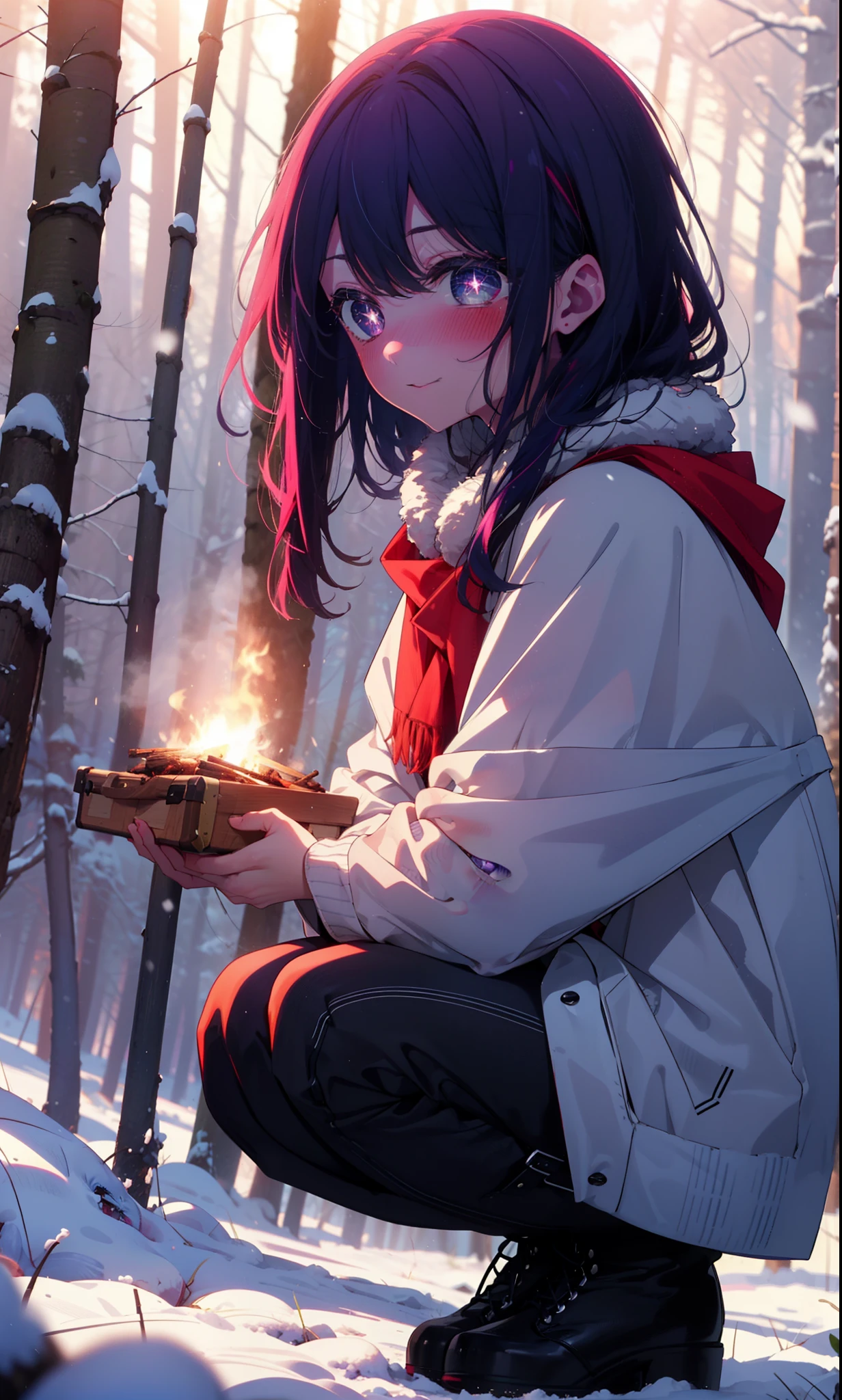 aihoshino, Ai Hoshino, Long Hair, bangs, (Purple eyes:1.1), Purple Hair, (Symbol-shaped pupil:1.5), smile,,smile,blush,White Breath,
Open your mouth,snow,Ground bonfire, Outdoor, boots, snowing, From the side, wood, suitcase, Cape, Blurred, , forest, White handbag, nature, Squat, Mouth closed, Cape, winter, Written boundary depth, Black shoes, red Cape break looking at viewer, Upper Body, whole body, break Outdoor, forest, nature, break (masterpiece:1.2), Highest quality, High resolution, unity 8k wallpaper, (shape:0.8), (Beautiful and beautiful eyes:1.6), Highly detailed face, Perfect lighting, Highly detailed CG, (Perfect hands, Perfect Anatomy),