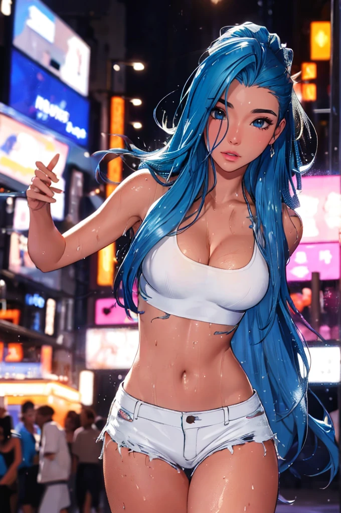 (best quality: 1.2), clean face, (masterpiece: 1.2, 8k)(PureErosFace_V1: 0.7), perfect anatomy, 1girl,a beautiful fashion model ,(masterpiece, official art, best quality) (wet skin, shiny skin) ,long and shiny hair, blue hair with streaks in hair, long hair, full lips, upturned nose , big breasts, looking at viewer, revealing outfit, absurdity, intricate details, , dynamic pose, club, dancing, night life, cinematic lighting, (highly detailed skin: 1.2), wearing
short shorts and a tight white top, cleavage, torn clothes
