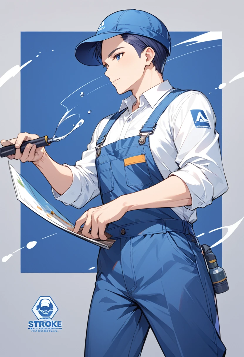 Maintenance personnel，A man wearing a blue hat，Wearing blue overalls，illustration，Stroke，formal，Icon logo，