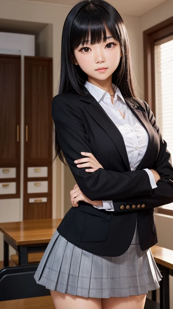 ((Tabletop)), (Detailed face), (highlight), Asian Girl、Black Hair、Heavy bangs、high school girl、skirt、blazer、Support your chest with your arms、Gazing Eyes、