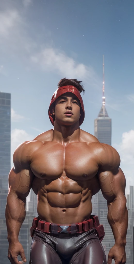 ((Extremely realistic shadows, Masterpiece, extremely detailed, photorealistic)) A ager at 18 years old (Mexican ethnicity) Carr, muscular thighs, bulging neck. Tanned skin massive muscular bodybuilder, red hair, military haircut, tight clothing, body full of muscles; ripped abs, V-shaped body, thick waist, long legs, strong arms. City background, skyscraper, futuristic city, night, stars, night lights, Superhero, hero, bodysuit, hood, hood on, massive muscles, huge pecs, chiseled ABS, huge pecs, exaggeratedly huge muscles. A young hero whose presence inspires trust and respect. (((His hero suit is white and red)