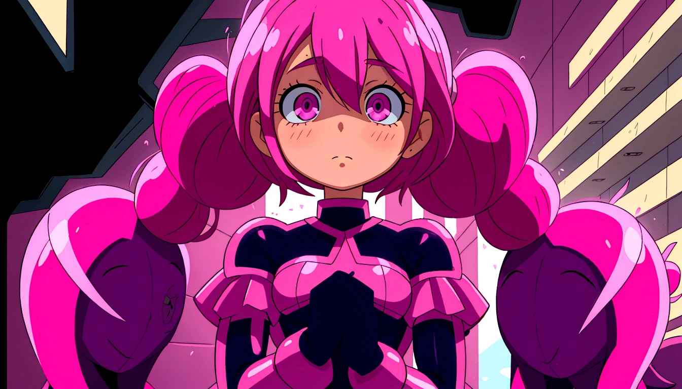 a close up of a person with pink hair and a purple outfit, anime girl named lucy, humanoid pink female squid girl, pink iconic character, shining pink armor, juri misaki, pink twintail hair and cyan eyes, misato katsuragi, black magician girl, streamlined pink armor, with pink hair