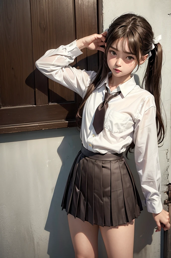 (masterpiece, Highest quality, 8K, High resolution),(Realistic skin texture, Perfect Face, Realistic, Perfect hands, Perfect finger count, Japanese, Girl), (20-year-old), Big Eyes, Brown eyes, Light brown hair, bangs, Twin tails, Big hair ribbon, Small face, Crying face, ((White button-up shirt, Flat Chest, tie, Mini Pleated Skirt, No underwear)), Leaning against a wall, Cute pose, In an abandoned house