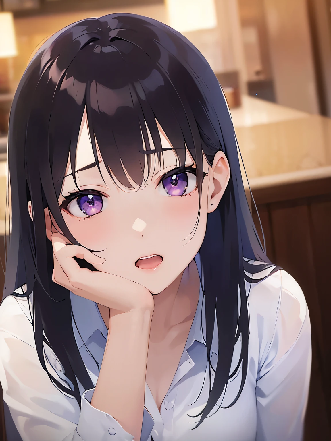 head tilt、head rest、Shooting from above、Realistic, real person, (pale skin: 1.2), RAW photo, photorealistic, shiny skin, shiny hair、(A 25-year-old woman with straight hair and bangs) and (medium hair) and (black hair) and (purple eyes) , (white collared shirt)、sad, open mouth, The background is the interior of a restaurant at night.、Alone、
