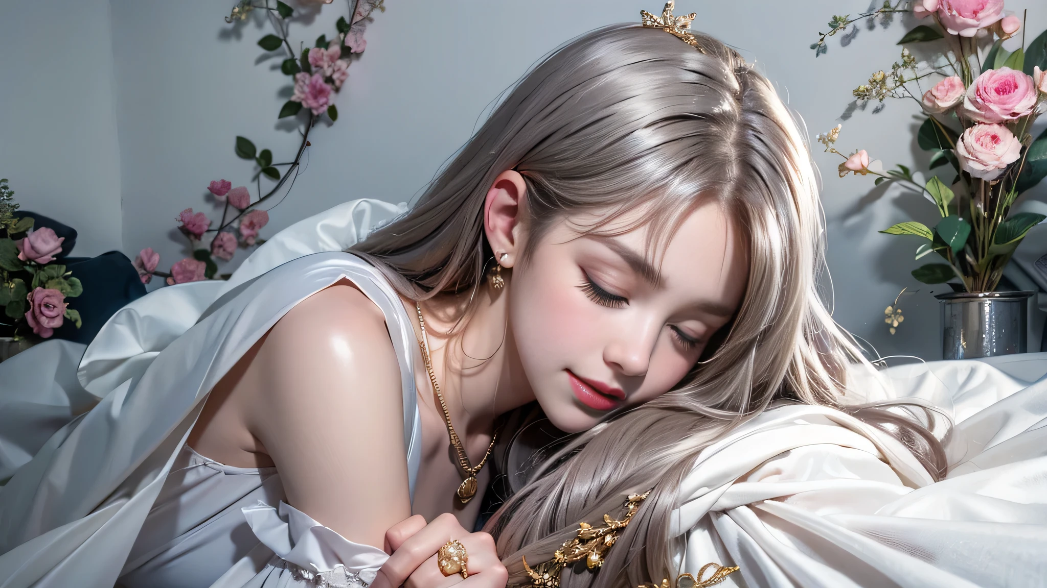 （(Girl lying on bed))、Beauty、 One Girl、alone、Long Hair、Viewer、smile、（Eyes closed)、hair ornaments、、gem、Gray Hair、Shut your mouth、Blunt banganicure、bracelet、lips、Grey Eyes、Portraiture、Red nails、close、赤いlips、Put your hands on your face、Place your hand on your cheek、()、(Shiny skin)、((Skyscrapers are hazy outside the window))、(Off-shoulder white dress with floral pattern),),((Girl sleeping with legs slightly apart)),(Leg spread),((White panties are visible)),（Lift-up skirt)、