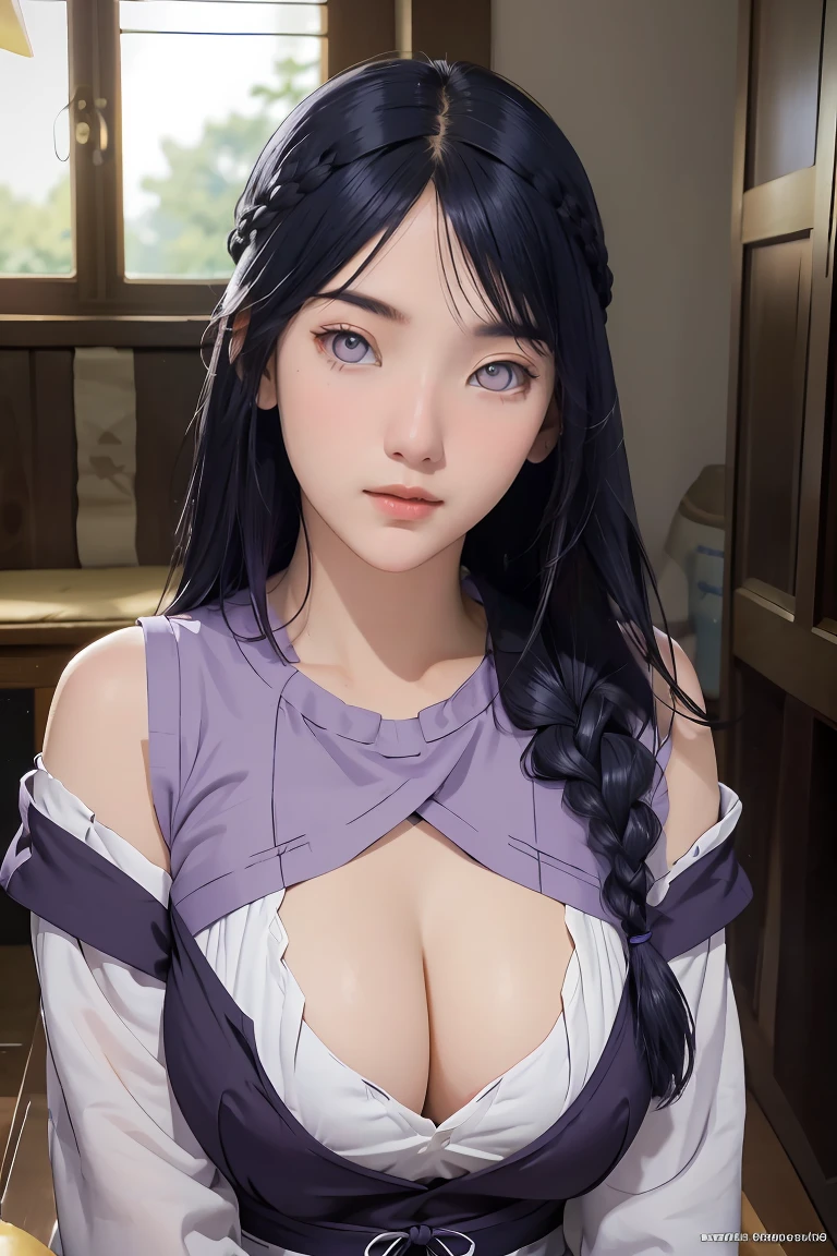 tmasterpiece, best qualityer, ultra - detailed, illustration,1girll,
long whitr hair,dark-blue hair,french braid,Purple eye,bluntbangs,cleavage,Large breasts
shirt,
mideum breasts,
looking at viewert,hyouka/(Boruto/),Detailed lips