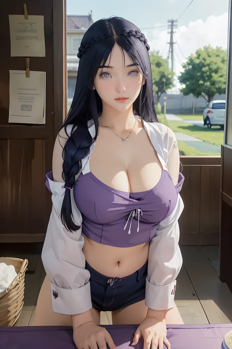 tmasterpiece, best qualityer, ultra - detailed, illustration,1girll,
long whitr hair,dark-blue hair,french braid,Purple eye,bluntbangs,cleavage,Large breasts
shirt,
mideum breasts,
looking at viewert,hyouka/(Boruto/),Detailed lips