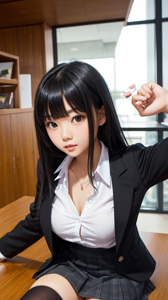 ((Tabletop)), (Detailed face), (highlight),　Asian Girl、Black Hair、Heavy bangs、high school girl、skirt、blazer、Support your chest with your arms、Gazing Eyes、