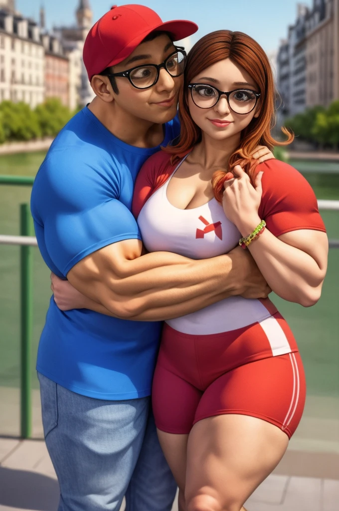 (masterpiece, best quality:1.2), A couple , boy Nino Lahiffe: Brown skin, dark hair, usually seen wearing a red cap, glasses, and casual clothing like a T-shirt and jeans, and a girl Alya Césaire: Brown skin, curly dark brown hair, often wears glasses, and typically seen in stylish, casual outfits. A casual day out with both characters in their everyday attire,Sharing a tender moment, like sitting on a rooftop overlooking Paris..(girl and boy:1), smiling, ((high resolution illustration)), ((extremely detailed)), (couple), Alya, Nino, Nino X Alya, (best quality,4k,8k,highres,masterpiece:1.2), ultra-detailed, realistic:1.37, HDR, studio lighting, extreme detail description, nino wearing a red cap, professional, vibrant colors, bokeh, ((muscular female bodybuilder)), detailed lips, strong embrace, romantic scene, intimate moment, intense passion, athletic bodies, fitness couple, gym.