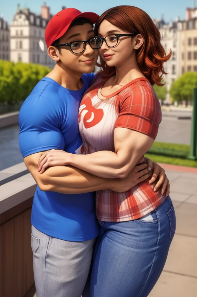 (masterpiece, best quality:1.2), A couple , boy Nino Lahiffe: Brown skin, dark hair, usually seen wearing a red cap, glasses, and casual clothing like a T-shirt and jeans, and a girl Alya Césaire: Brown skin, curly dark brown hair, often wears glasses, and typically seen in stylish, casual outfits. A casual day out with both characters in their everyday attire,Sharing a tender moment, like sitting on a rooftop overlooking Paris..(girl and boy:1), smiling, ((high resolution illustration)), ((extremely detailed)), (couple), Alya, Nino, Nino X Alya, (best quality,4k,8k,highres,masterpiece:1.2), ultra-detailed, realistic:1.37, HDR, studio lighting, extreme detail description, nino wearing a red cap, professional, vibrant colors, bokeh, ((muscular female bodybuilder)), detailed lips, strong embrace, romantic scene, intimate moment, intense passion, athletic bodies, fitness couple, gym.