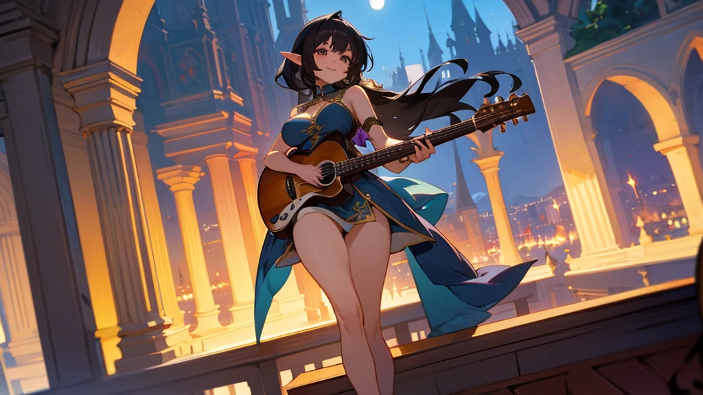 Anime Style,night,Detailed background,Magical World,A lively balcony with many people,A beautiful elf bard with black hair and a smile,guitar,Large Breasts,Healthy thighs,Underarm,Barefoot