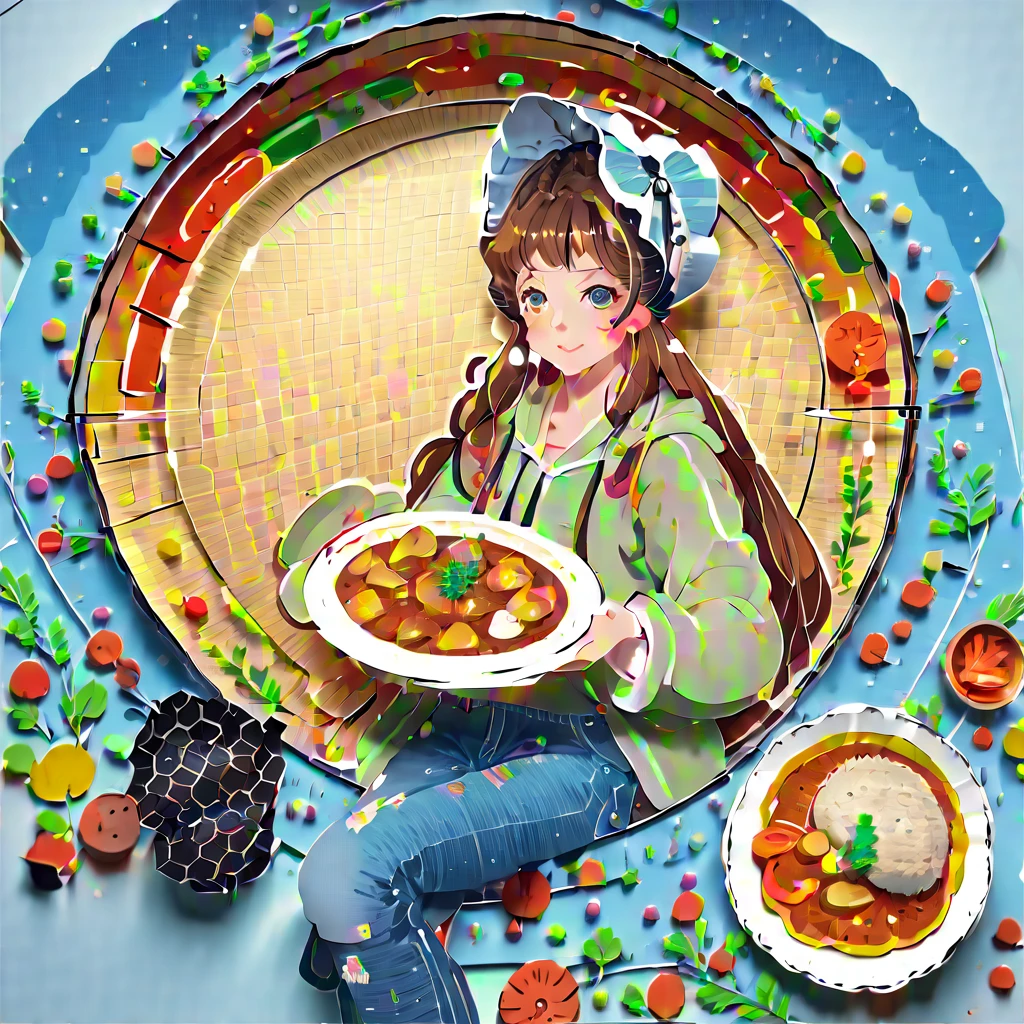 (((paper-cutting style))), (illustration frame is 3D paper cut: 1.2), (colorfully), 1 girl, long brown hair, curry long hair, bonnet, jeans, hoodies, lunch