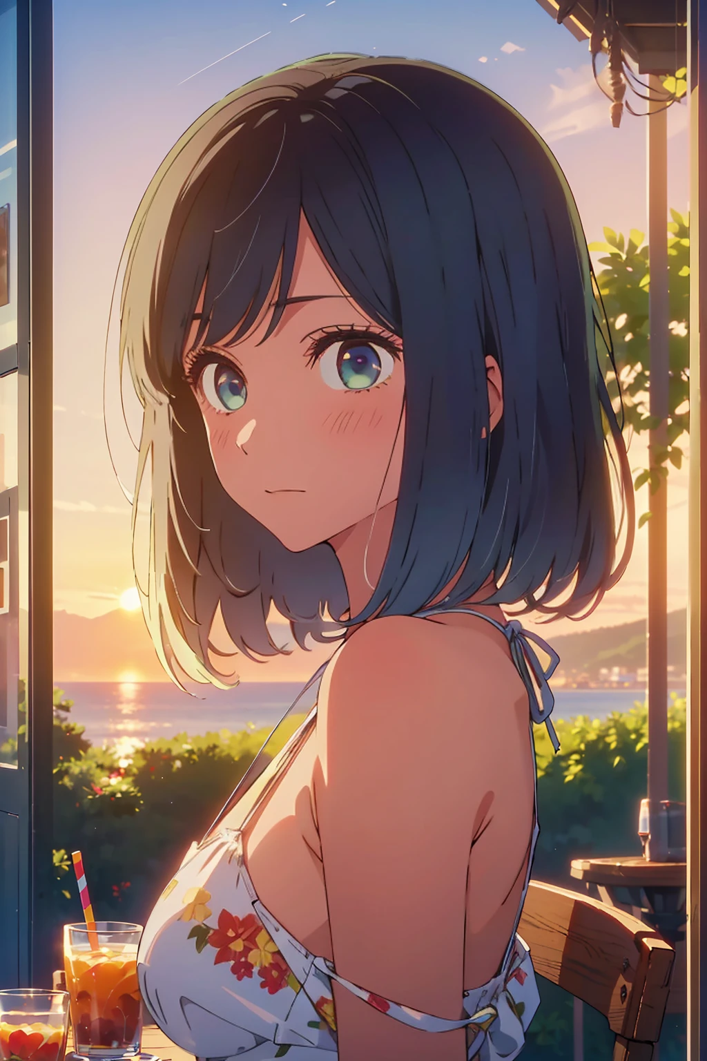 (Highest quality:1.4、masterpiece:1.4、Super detailed:1.4、8K:1.4)、Slim body、((((1 person、Surprised expression、sit、Outdoor café terrace、coastal、juice、table、Sandy Beach、bikini、juiceのグラスを持つ、Big eyes、Shallow depth of field、Very cute face))))、((sunset、Sunset))、(bikiniサイズは小さい)、F cup bust、Big Breasts、Get up close and take a photo