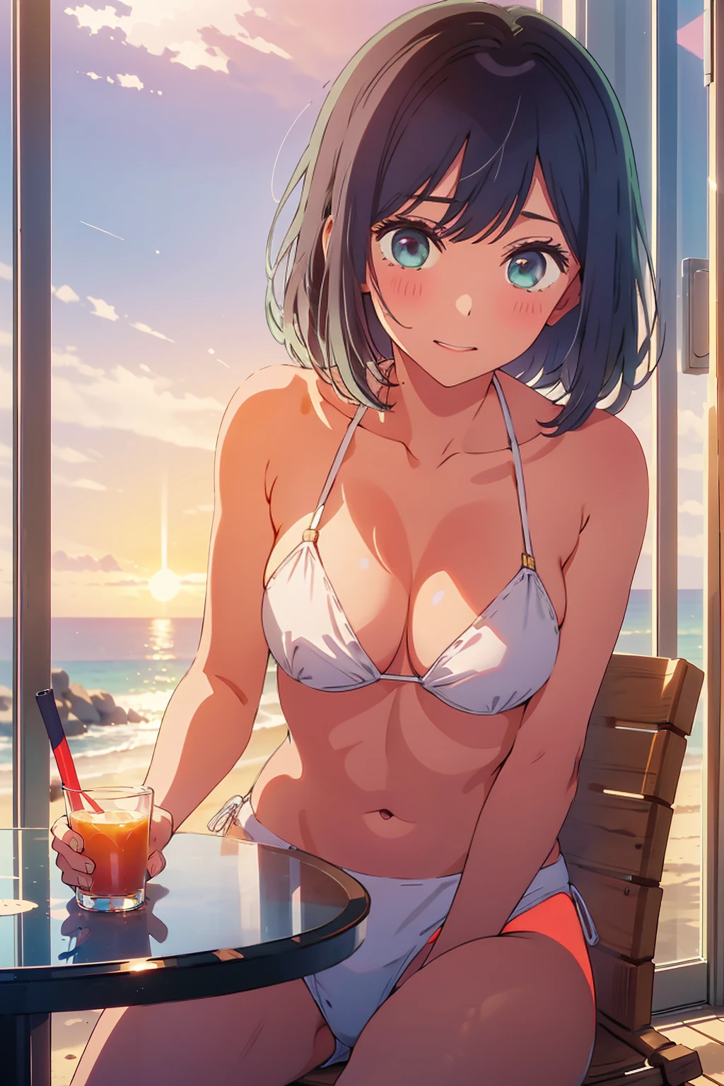 (Highest quality:1.4、masterpiece:1.4、Super detailed:1.4、8K:1.4)、Slim body、((((1 person、Surprised expression、sit、Outdoor café terrace、coastal、juice、table、Sandy Beach、bikini、juiceのグラスを持つ、Big eyes、Shallow depth of field、Very cute face))))、((sunset、Sunset))、(bikiniサイズは小さい)、F cup bust、Big Breasts、Get up close and take a photo