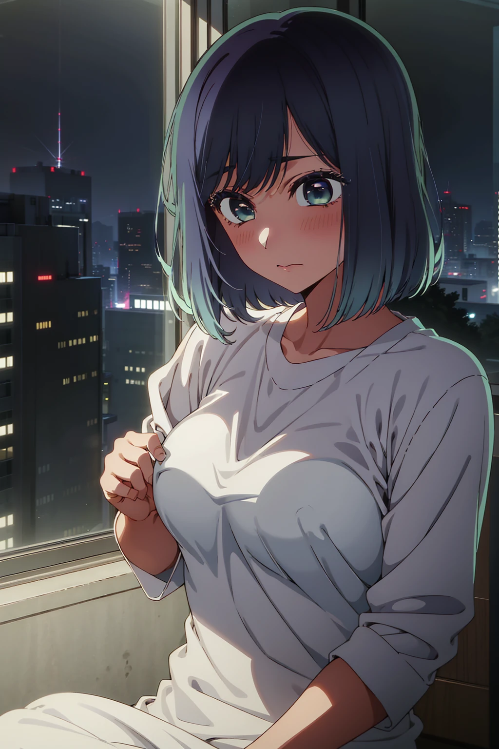 akane kurokawa,naked,rock,Blue Hair,naked,hot,sexy,beautiful,Perfect body,One Girl,big ,masterpiece,Perfect Face,Expressive Face,naked,night、Lying on a bed by the window in a high-rise building,Atmospheric lighting、Sad face
