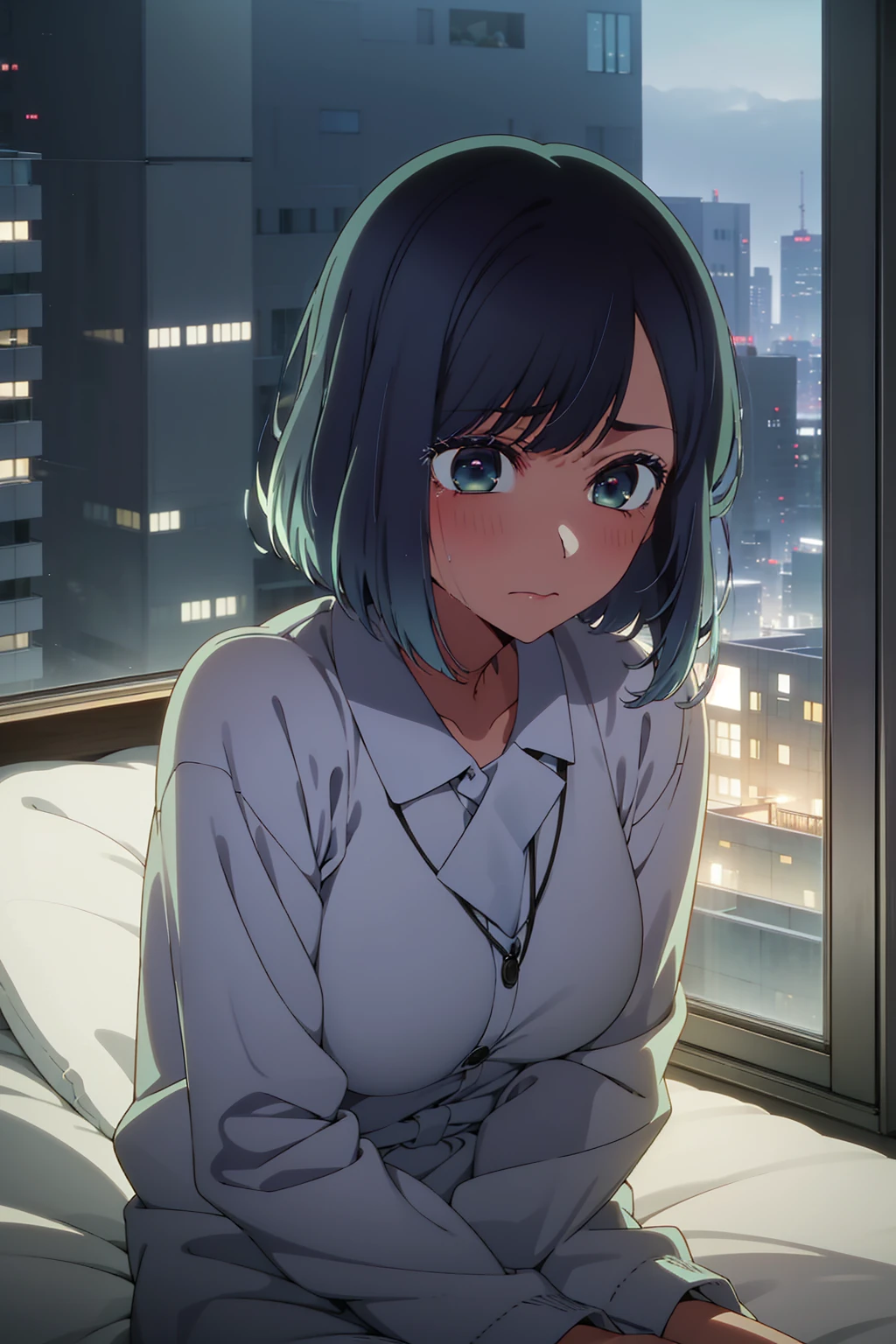 akane kurokawa,naked,rock,Blue Hair,naked,hot,sexy,beautiful,Perfect body,One Girl,big ,masterpiece,Perfect Face,Expressive Face,naked,night、Lying on a bed by the window in a high-rise building,Atmospheric lighting、Sad face