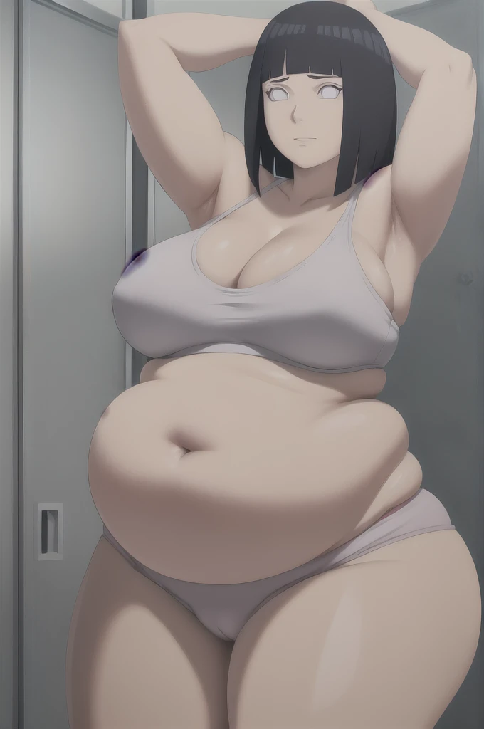 masterpiece, absurdres , (intricate details), (colorful),cinematic lighting,bust shot,extremely detailed CG unity 8k wallpaper ,hinata\(boruto\), 1girl, solo, female, arm up, looking at viewer, sports bra, locker room,cowboy shot, chubby belly, chubby, curvy. gained weight, fat, cleavaweight, squishy. fatness.