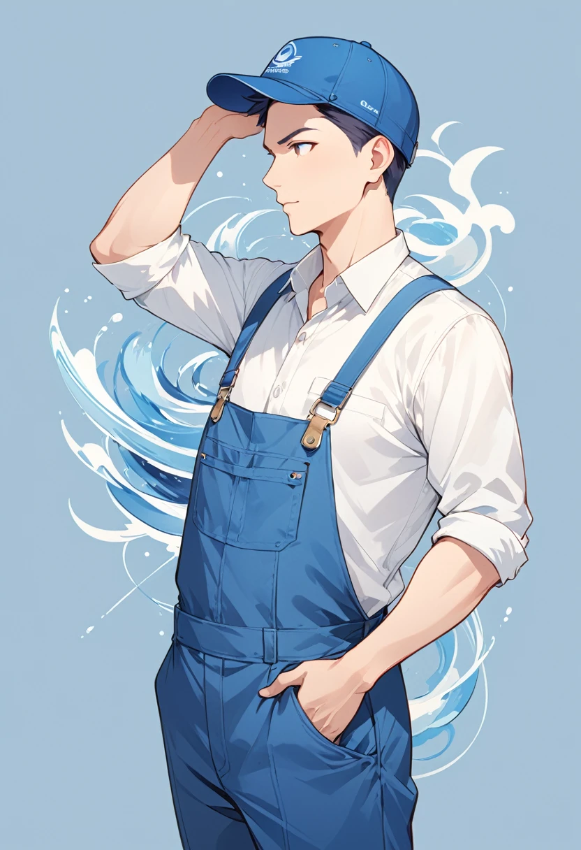 Maintenance personnel，A man wearing a blue hat，Wearing blue overalls，illustration，Stroke，formal，Icon logo，