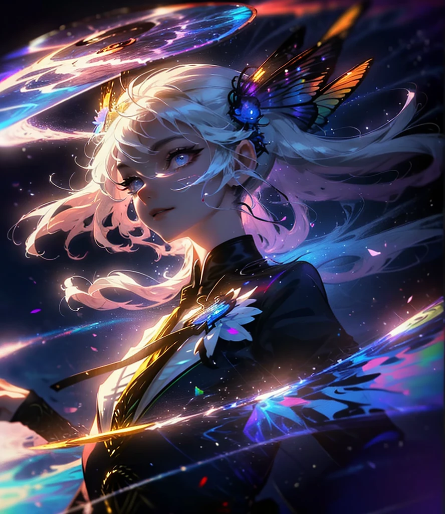 (((Masterpiece))), (((Best quality))), ((Ultra-detailed)),(Highly detailed CG illustration), ((An extremely delicate and beautiful)),Cinematic light, Create stunning fantasy artwork,fairy fantasy,the Flower Fairy,Transparent butterfly wings,Fairy stick,Lots of flowers,Lots of colouring butterflies, A skirt blown by the wind,Fluttering strands of rainbow hair,Side Body,ventania:1.3,dyna,brightly colored,Exudes an aura of mystery and magic. Pay close attention to intricate facial features, For example, mesmerizing eyes,smile,brightly, The character's clothes should be designed to be as light as the wings of a cicada, Subtle iridescent details. Blend in with fantastic colors, Dynamic lighting, and detailed background elements,Consider the latest trends in fantasy art, such as incorporating unique lighting effects, Explore dynamic and engaging composition techniques, And try a unique color palette. Take inspiration from top artists on ArtStation and Midjourney. camera: Choose an angle that highlights the beauty of your character,Enhance the magical majesty of the artwork. lighting: Use atmospheric lighting technology to create depth and atmosphere. Resolution: Aim for high-resolution artwork,to showcase intricate detail and clarity. Artistic inspiration: Get inspiration from popular artists on ArtStation, Explore different styles