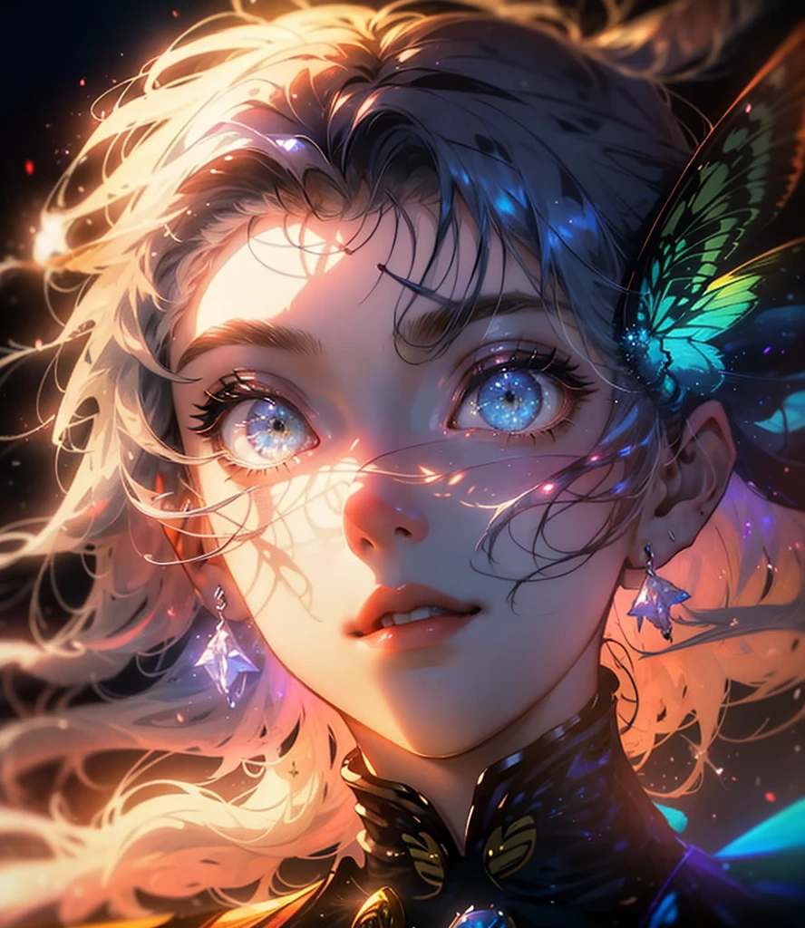 (((Masterpiece))), (((Best quality))), ((Ultra-detailed)),(Highly detailed CG illustration), ((An extremely delicate and beautiful)),Cinematic light, Create stunning fantasy artwork，fairy fantasy，the Flower Fairy，Transparent butterfly wings，Fairy stick，Lots of flowers，Lots of colouring butterflies, A skirt blown by the wind，Fluttering strands of rainbow hair，Side Body，ventania:1.3，dyna，brightly colored，Exudes an aura of mystery and magic. Pay close attention to intricate facial features, For example, mesmerizing eyes，smile，brightly， The character's clothes should be designed to be as light as the wings of a cicada， Subtle iridescent details. Blend in with fantastic colors, Dynamic lighting, and detailed background elements，Consider the latest trends in fantasy art, such as incorporating unique lighting effects, Explore dynamic and engaging composition techniques, And try a unique color palette. Take inspiration from top artists on ArtStation and Midjourney. camera: Choose an angle that highlights the beauty of your character，Enhance the magical majesty of the artwork. lighting: Use atmospheric lighting technology to create depth and atmosphere. Resolution: Aim for high-resolution artwork，to showcase intricate detail and clarity. Artistic inspiration: Get inspiration from popular artists on ArtStation, Explore different styles