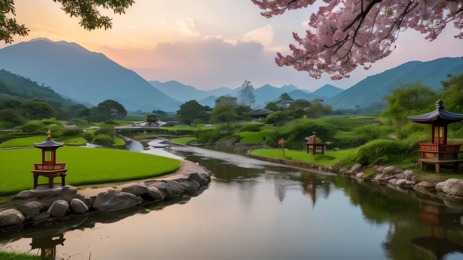 Imagine a serene morning in an Asian mountain valley, where nature displays its exuberant beauty. The open window of Sakura Chihiro's room offers a stunning view of a vast terraced rice field, each level perfectly carved into the mountainsides, creating a mosaic of green and gold in the soft light of dawn. To the left, the rice field is punctuated by small wooden pagodas, their elegant structures and curved roofs contrasting with the natural landscape. A few farmers can be seen working in the fields, their conical straw hats bobbing as they move slowly, adding a sense of life and activity to the tranquil setting. In the center of the view, a serene river meanders through the valley, its clear, sparkling waters reflecting the pink and orange tinged sky of dawn. Crossing the river, an arched stone bridge, adorned with colorful paper lanterns, creates a charming focal point. The gentle breeze makes the lanterns sway slightly, casting dancing shadows on the water below. To the right, a dense bamboo forest rises majestically, its slender green stems reaching toward the sky. The rhythmic sound of bamboo moving in the wind mixes with the melodious song of morning birds and the murmur of the river, creating a natural symphony that fills the air. Deeper in the distance, mountains envelop the valley, their peaks covered in morning mist that slowly dissipates with the heat of the rising sun. On the hillsides, waterfalls cascade, their waters glistening like liquid silver as they cascade into the river below. The sound of falling water is mesmerizing and relaxing, adding an auditory dimension to the visual beauty of the landscape. On the horizon, an ancient Buddhist temple, with its red and gold roofs, stands out against the sky. The soft smoke of incense rises in spirals, carrying fragrances of sandalwood and medicinal herbs. The temple is surrounded by Zen rock gardens, where monks can be seen meditating in tranquility.