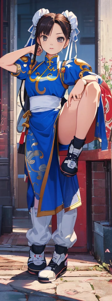 chun-li,((masterpiece)), ((best quality)), ((ultra detailed)), ((kawaii)), cute, (lovely), ((extremely detailed)), ((8K)), (beautiful),flat breast, tiny breast,full body