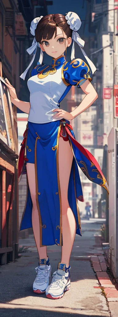 chun-li,((masterpiece)), ((best quality)), ((ultra detailed)), ((kawaii)), cute, (lovely), ((extremely detailed)), ((8K)), (beautiful),flat breast, tiny breast,full body