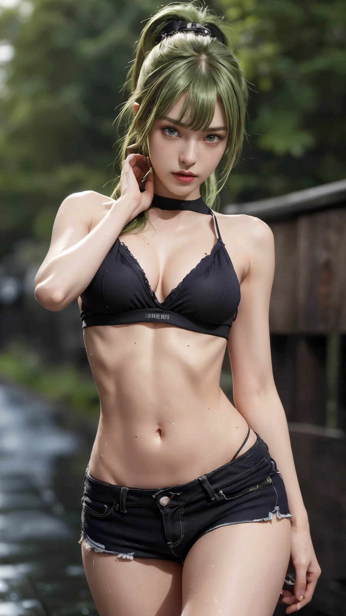 8K, Top Quality, Intricate Details, Ultra Detail, Ultra High Resolution, Masterpiece, close up shot, (full body: 1.1), Slender, Smile, (Makeup: 0.4), (walking), (Fluffy Eyes: 1.21), ((bangs)), 1girl, solo, 1 girl, (((purple eyes, green hair, bangs, long hair, high ponytail , )), (()), close up shot, , ((tall)), (((fit body))), (((slim face))), sharp face, (( ripped mini crop top, torn mini pants , , no bra, no panties, no inwear, no underwear, cleavege , crotch)) , (detailed face), sharp face, small lips, ( walking), walk pose, walking pose,
((,in the rain, , she's soaking wet, )), , ((,)), detailed face, detailed breast, large breast, huge breast, (( )), detail ass, Narrow Waist, Skinny, tall , 175 cm tall, Muscular, Navel, Exposed Abdomen, Pointed Chest,, Beautiful girl with accentuated slender abs: 1.4, Six Pack Abs: 1.4,, Perfect Body, detail leg, (( dark background)), black background,