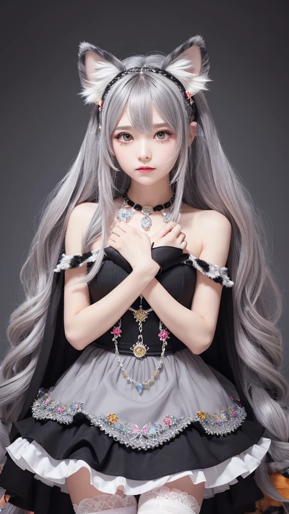 (masterpiece, Highest quality:1.2),One girl, Upper Body,tail, large tail, Gray Hair, Very long hair, Wavy Hair, Grey Eyes, detailed eyes, Multicolored Hair, Circlet, Beaded Necklaces, Animal ears, Leopard Ears, Black Cape, White Dress, Hip vents, Pelvic Curtain, Grey knee socks, the snow&#39;s, the snow&#39;s mountains, Blizzard, Volumetric lighting, Scattered beneath the surface, Cinema Lighting, Chiaroscuro, Floating Hair, Place your hand on your chest