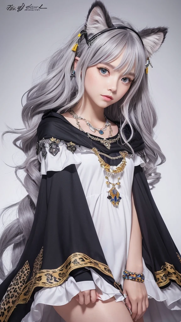 (masterpiece, Highest quality:1.2),One girl, Upper Body,tail, large tail, Gray Hair, Very long hair, Wavy Hair, Grey Eyes, detailed eyes, Multicolored Hair, Circlet, Beaded Necklaces, Animal ears, Leopard Ears, Black Cape, White Dress, Hip vents, Pelvic Curtain, Grey knee socks, the snow&#39;s, the snow&#39;s mountains, Blizzard, Volumetric lighting, Scattered beneath the surface, Cinema Lighting, Chiaroscuro, Floating Hair, Place your hand on your chest