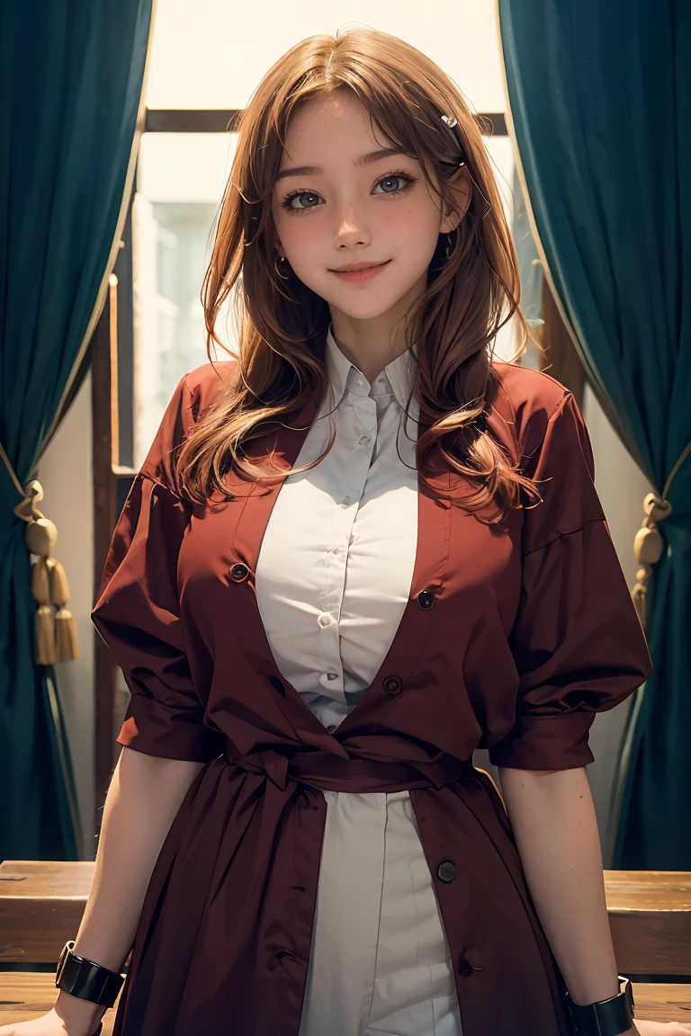 highly detailed, 8k, masterpiece, 1girl, Red tied_hair, dress , crazy_smile, (perfect_face), detailed_background, full_body, bloom,(beautiful lighting:1.3), caustics, dynamic lighting, from_below 