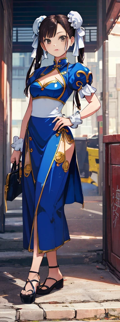 chun-li,((masterpiece)), ((best quality)), ((ultra detailed)), ((kawaii)), cute, (lovely), ((extremely detailed)), ((8K)), (beautiful),flat breast, tiny breast,full body