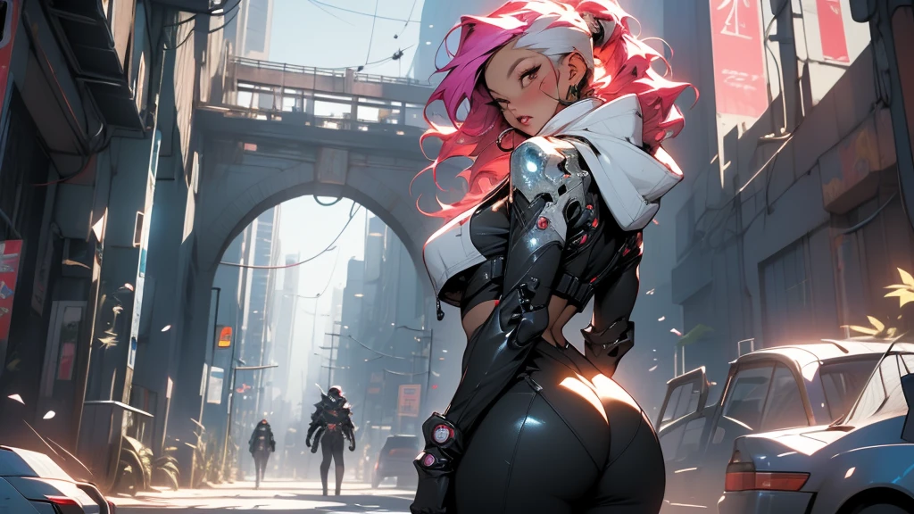 Perfect masterpiece, EXTREMELY DETAILED CG UNITY 32K UHD QUALITY RESOLUTION WALLPAPER, photorealestic, RAW-Foto, PERFECT PHOTOGENIC CLARITY, offcial art, award winning portrait, ULTRA-HYPER-REALISTIC, ultra-hyper-detailed, shiny, realistic skin, Raytracing, Unreal Engine 5.8K, BRIGHT AMBIENT LIGHT, the most beautiful and sexiest cyberpunk girl, sehr Long rosa Haare, shining eyes in the moonlight, Long, detailed eyelashes, Blush, full pouty pink lips, Curvy body type, full hips, super huge, enormous huge tits, Décolleté shows, gigantic eruption, wears a futuristic cyberpunk mecha battle armor with a hood in Harajuku style, (arches her back in a sexy seductive slut pose:1.3), look at the viewer, Cowboy shot depth of field, sexy seductive slutty facial expression, Cherry blossoms blow in the wind, futuristic cosmic aesthetic atmospheric cyberpunk background