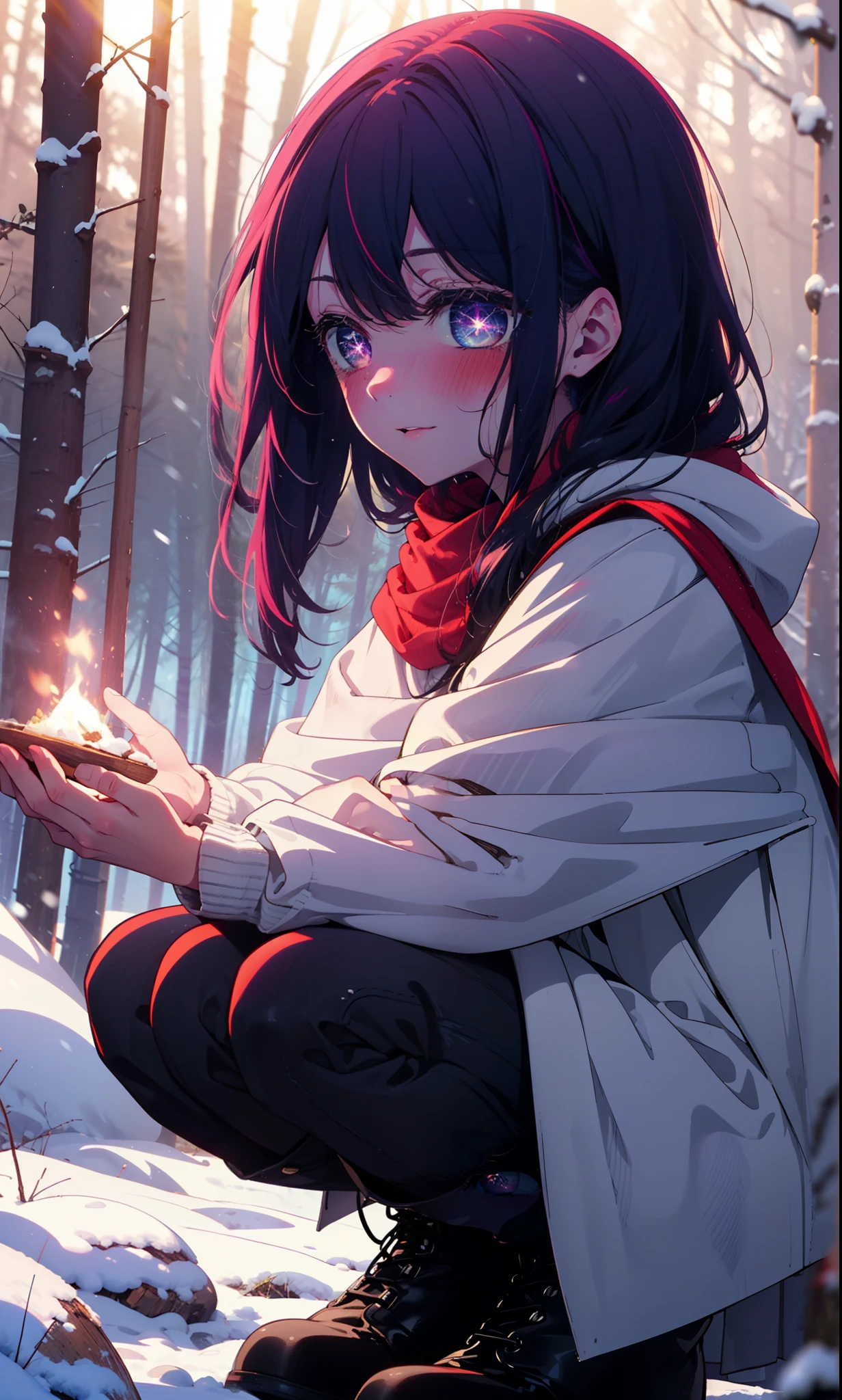 aihoshino, Ai Hoshino, Long Hair, bangs, (Purple eyes:1.1), Purple Hair, (Symbol-shaped pupil:1.5), smile,,smile,blush,White Breath,
Open your mouth,snow,Ground bonfire, Outdoor, boots, snowing, From the side, wood, suitcase, Cape, Blurred, , forest, White handbag, nature, Squat, Mouth closed, Cape, winter, Written boundary depth, Black shoes, red Cape break looking at viewer, Upper Body, whole body, break Outdoor, forest, nature, break (masterpiece:1.2), Highest quality, High resolution, unity 8k wallpaper, (shape:0.8), (Beautiful and beautiful eyes:1.6), Highly detailed face, Perfect lighting, Highly detailed CG, (Perfect hands, Perfect Anatomy),