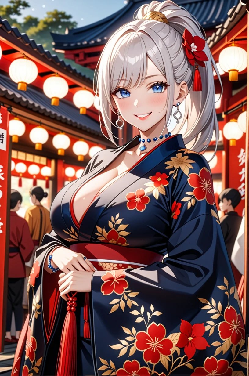 ((one girl)), hyper detailed, absurdres, 8K,Cute face, (Laugh shyly), ((teasing smile:1.8)), ((Wink:1.8)), (Laugh with your mouth wide open:1.3),(Tilt your head:1.3), View your viewers, ((Bright red cheeks:1.6)),Glossy Red Lips, ((:1.4)) night, Shrine festival stalls, (Brighten your face), ((Anime style background)),masterpiece, Highest quality, so beautiful,Latest, Complex details, (Pink long nails), (nail art), (ring),(bracelet), (helix piercing:1.7), (Floral Choker),AI-generated, Complex,High resolution, Highest quality, super high quality,3D Images、3D Images,One person,Long white hair,(High Ponytail), Anime woman posing for a photo,((silver eyes:1.6)), ((Fine grain、blue eyes、Shining Eyes:1.7)), (Squint your eyes:1.1),a hyperRealistic , hyperRealistic , Realistic,Anime woman with long white hair, Smooth anime CG art, With gold embroidery、A girl in a gorgeous kimono, ((Black long sleeve kimono:1.3)),(Red large floral pattern) ,Long flower hair ornament,Floral Earrings,Mature Bodynsive,Abdominal muscles,Tight waist,((face only:1.6)), (front view),