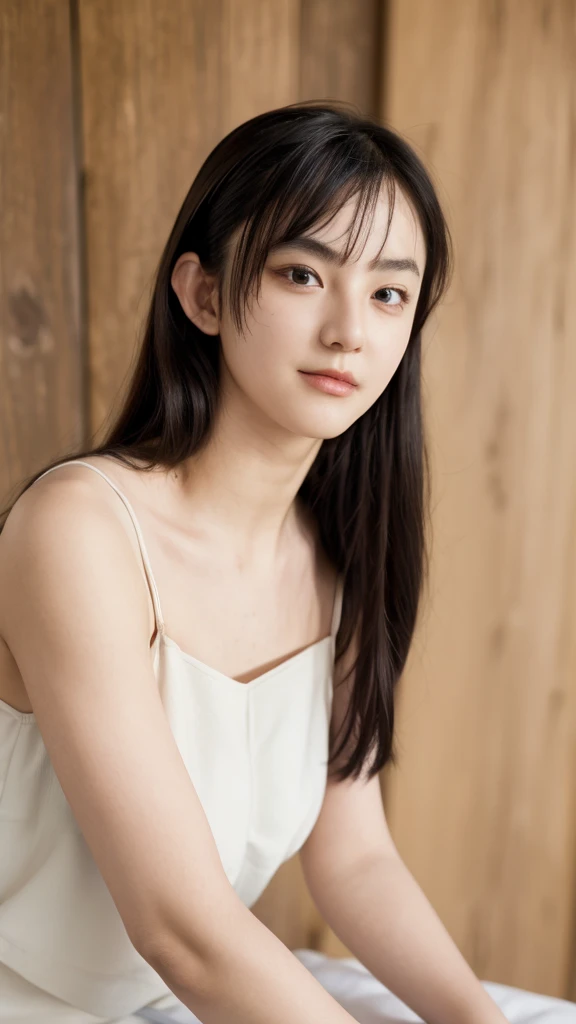 (((smile、Focus on the eyes:1.1、Extremely detailed:1.22、Ultra-high resolution、masterpiece:1.45、Highest quality)))、((((Whole body expression:1.68、camisole、Leaning forward、One person))))、long, straight black hair、So that every single hair is clearly visible、The subtle color changes of hair depending on how the light hits it、 Skin has a natural glow、Fine skin texture、Representing the fine details of pores:1.25、Details of the light redness on the forehead and cheeks、(((Eyes with fine iris details、The eyes depict color gradations and patterns.、Long, natural-looking eyelashes, each and every one visible、Well-groomed eyebrows、眉毛のindivual々The hair is clearly visible、Light reflecting off into the eye、The light in the eyes creates small highlights)))、The nose is delicate、Fine detail on the nostrils、Lips are plump and naturally pink、Depicts the fine lines and soft curves of the lips、lips are shiny and、The gloss on your lips accentuates their shape.、(((Detailed depiction of lip texture、Particular attention to the depiction of light and shadow、Soft natural light gently illuminates the face from the front、A faint glow on the forehead、A slight shine on the nose、A slight glow on the cheeks、Shadows are cast softly along the contours of the face、Accentuate the sides of your cheekbones、Accentuate the sides of the jawline、Emphasize the sides of the nose、The gloss on her lips reflects the light faintly、Lips emphasize the plump texture、The shadow of the hair gives depth and dimension、indivual々The hair shines in the light、