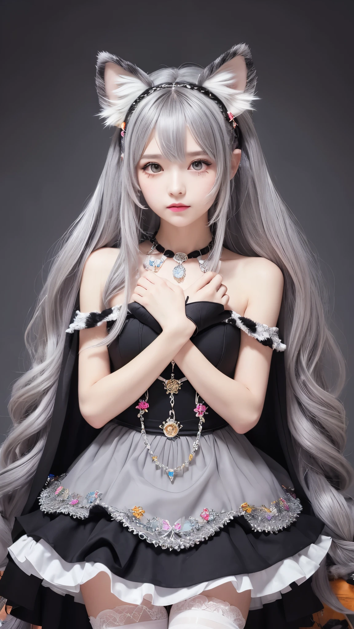 (masterpiece, Highest quality:1.2),One girl, Upper Body,tail, large tail, Gray Hair, Very long hair, Wavy Hair, Grey Eyes, detailed eyes, Multicolored Hair, Circlet, Beaded Necklaces, Animal ears, Leopard Ears, Black Cape, White Dress, Hip vents, Pelvic Curtain, Grey knee socks, the snow's, the snow's mountains, Blizzard, Volumetric lighting, Scattered beneath the surface, Cinema Lighting, Chiaroscuro, Floating Hair, Place your hand on your chest