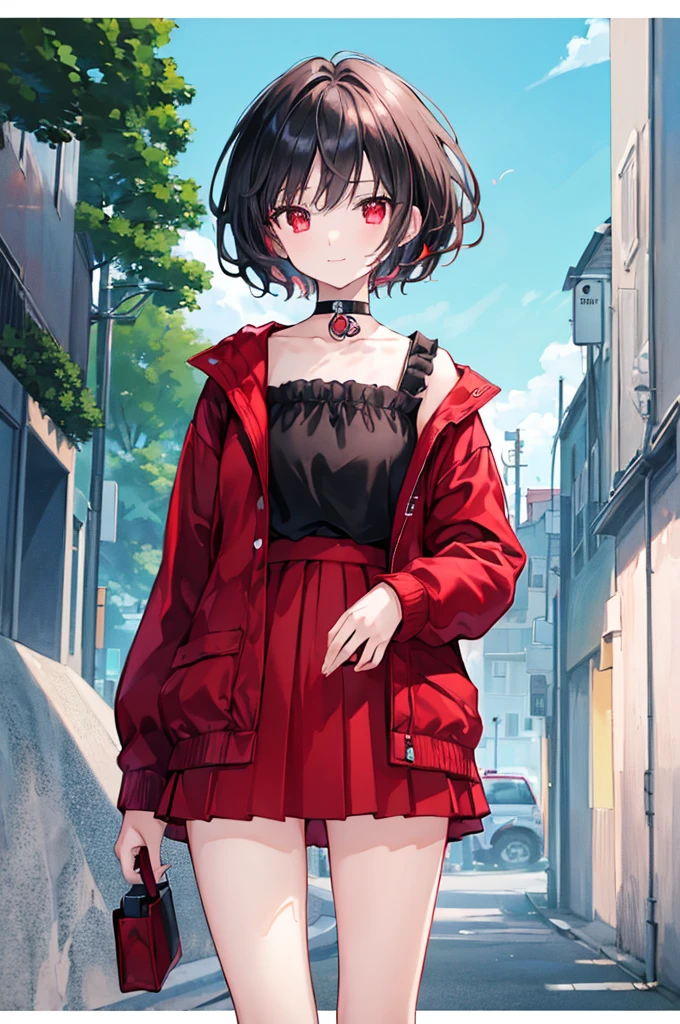(masterpiece, highest quality, highest quality, (No text), Beautiful and aesthetic:1.2),No text,アニメ、BREAK,One Girl,Black Hair Girl short hair older sister choker Tree Eyes Beautiful eyes Red eyes cool smile Red and Black Black jacket mini skirt whole body In town
