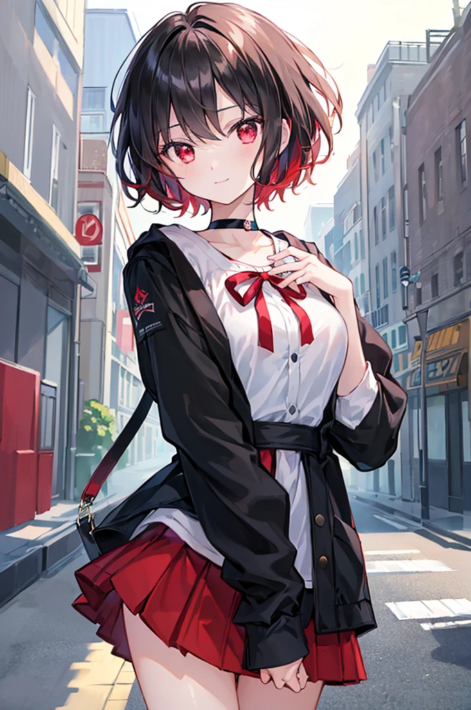 (masterpiece, highest quality, highest quality, (No text), Beautiful and aesthetic:1.2),No text,アニメ、BREAK,One Girl,Black Hair Girl short hair older sister choker Tree Eyes Beautiful eyes Red eyes cool smile Red and Black Black jacket mini skirt whole body In town