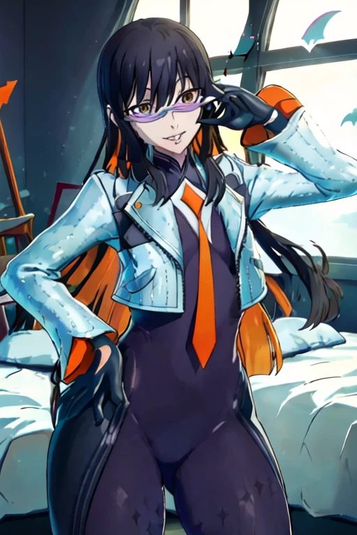 Daraku, Alone, 1girl, glasses, jacket, bodysuit, orange tie, long hair, gloves, smile, best quality, bedroom, window, masterpiece, jack-o-pose