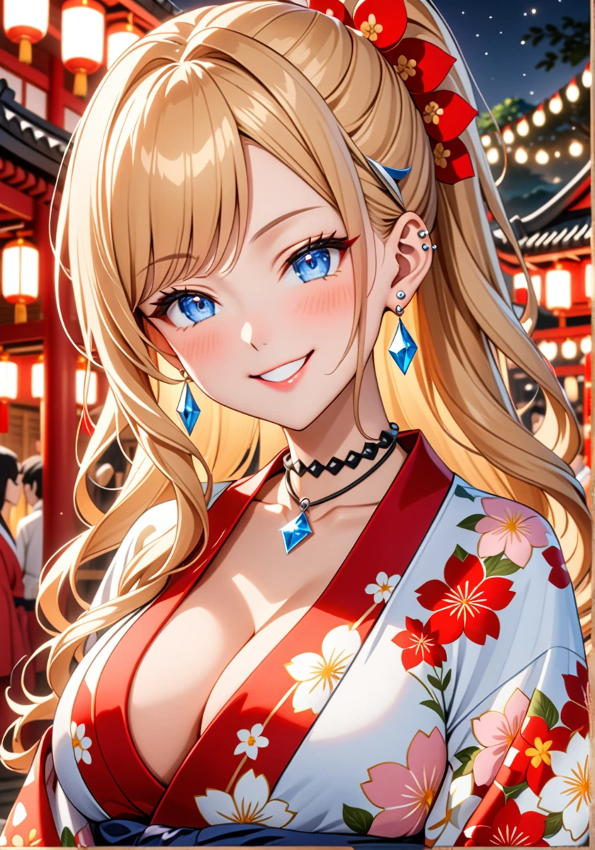 ((one girl)), hyper detailed, absurdres, 8K,Cute face, Beautiful Face, (Laugh shyly), ((teasing smile:1.8)), ((Wink:1.8)), (Laugh with your mouth wide open),(Tilt your head:1.3), View your viewers, ((Bright red cheeks:1.6)),Glossy Red Lips, ((Big Breasts:1.5)) night, Shrine festival stalls, (Brighten your face), ((Anime style background)),masterpiece, Highest quality, so beautiful,Latest, Complex details, (Pink long nails), (nail art), (ring),(bracelet), (helix piercing:1.7), (Floral Choker),AI-generated, Complex,High resolution, Highest quality, super high quality,3D Images、3D Images,One person,Blonde long hair,(High Ponytail), (Wavy Hair), Anime woman posing for a photo, ((Fine grain、blue eyes、Shining Eyes:1.4)), (Squint your eyes:1.1),a hyperRealistic , hyperRealistic , Realistic,Long blonde anime woman, Smooth anime CG art, Pink large floral patternの刺繍が入った、A girl in a gorgeous kimono, ((White long-sleeved kimono)),(Pink large floral pattern) ,Long flower hair ornament,Floral Earrings,Mature Body, expensive,Abdominal muscles,Tight waist,((Zoom in on face:1.9)), (front view),