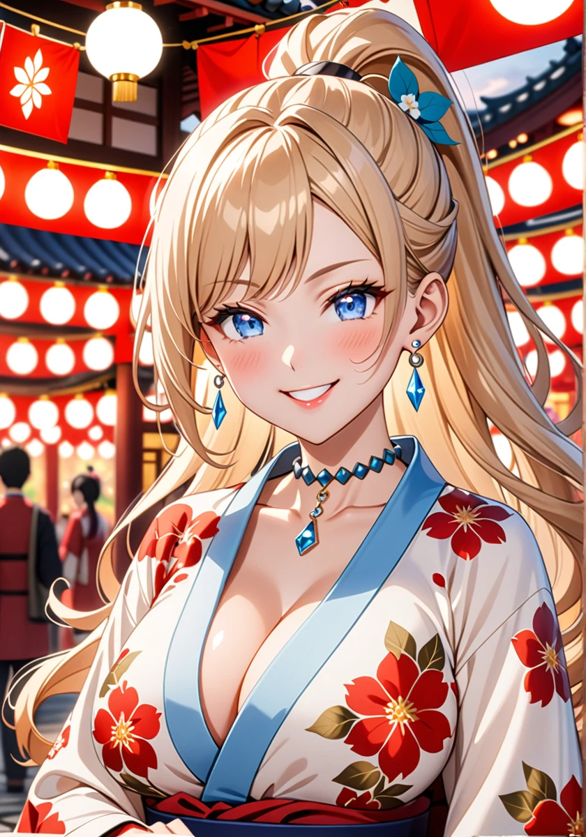 ((one girl)), hyper detailed, absurdres, 8K,Cute face, Beautiful Face, (Laugh shyly), ((teasing smile:1.8)), ((Wink:1.8)), (Laugh with your mouth wide open),(Tilt your head:1.3), View your viewers, ((Bright red cheeks:1.6)),Glossy Red Lips, ((Big Breasts:1.5)) night, Shrine festival stalls, (Brighten your face), ((Anime style background)),masterpiece, Highest quality, so beautiful,Latest, Complex details, (Pink long nails), (nail art), (ring),(bracelet), (helix piercing:1.7), (Floral Choker),AI-generated, Complex,High resolution, Highest quality, super high quality,3D Images、3D Images,One person,Blonde long hair,(High Ponytail), (Wavy Hair), Anime woman posing for a photo, ((Fine grain、blue eyes、Shining Eyes:1.4)), (Squint your eyes:1.1),a hyperRealistic , hyperRealistic , Realistic,Long blonde anime woman, Smooth anime CG art, Pink large floral patternの刺繍が入った、A girl in a gorgeous kimono, ((White long-sleeved kimono)),(Pink large floral pattern) ,Long flower hair ornament,Floral Earrings,Mature Body, expensive,Abdominal muscles,Tight waist,((Zoom in on face:1.9)), (front view),