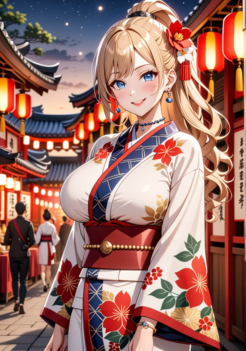 ((one girl)), hyper detailed, absurdres, 8K,Cute face, Beautiful Face, (Laugh shyly), ((teasing smile:1.8)), ((Wink:1.8)), (Laugh with your mouth wide open),(Tilt your head:1.3), View your viewers, ((Bright red cheeks:1.6)),Glossy Red Lips, ((Big Breasts:1.5)) night, Shrine festival stalls, (Brighten your face), ((Anime style background)),masterpiece, Highest quality, so beautiful,Latest, Complex details, (Pink long nails), (nail art), (ring),(bracelet), (helix piercing:1.7), (Floral Choker),AI-generated, Complex,High resolution, Highest quality, super high quality,3D Images、3D Images,One person,Blonde long hair,(High Ponytail), (Wavy Hair), Anime woman posing for a photo, ((Fine grain、blue eyes、Shining Eyes:1.4)), (Squint your eyes:1.1),a hyperRealistic , hyperRealistic , Realistic,Long blonde anime woman, Smooth anime CG art, Pink large floral patternの刺繍が入った、A girl in a gorgeous kimono, ((White long-sleeved kimono)),(Pink large floral pattern) ,Long flower hair ornament,Floral Earrings,Mature Body, expensive,Abdominal muscles,Tight waist,((Zoom in on face:1.9)), (front view),