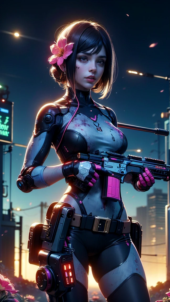 top quality, future world, State-of-the-art robot, (((girl with the flower gun shooting to zombies)))