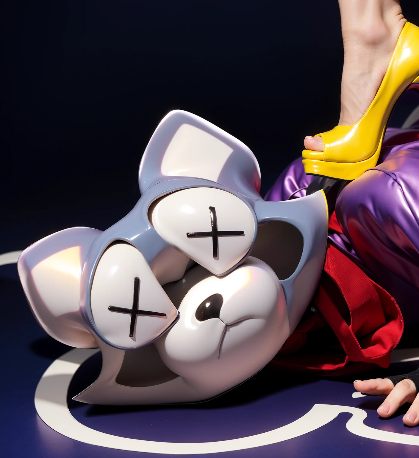 This image features a muscular, dark-skinned young man of African descent dressed in a vibrant raccoon costume. He is lying down with his eyes closed, showcasing his beautiful dark skin. His costume includes a glossy, latex-like purple outfit that appears wet and shimmers with iridescent colors, adding a striking, polished look to his appearance. He also wears a red scarf, a purple beanie hat with gray ears, and black face paint around his eyes and nose to mimic a raccoon mask. Black fingerless gloves complete his costume.Additionally, there is a pair of legs wearing bright yellow high-heeled shoes with white ankle socks. The glossy, latex-like finish of the shoes matches the wet and shimmering quality of the young man's outfit, creating a cohesive and visually appealing contrast. The yellow shoes stand on his back, further highlighting the shiny, iridescent textures and vibrant colors in the image.
