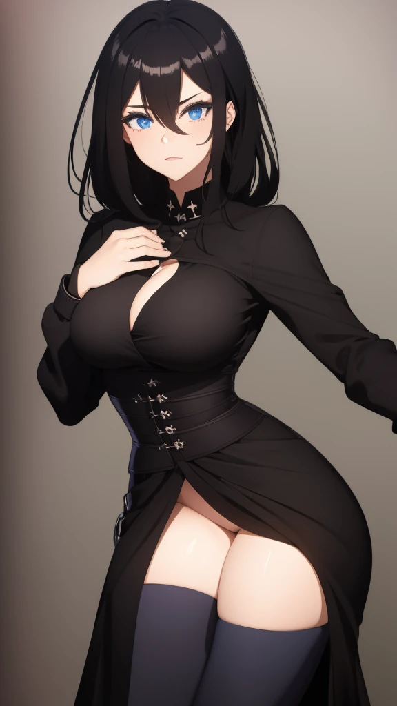 Black-haired, blue-eyed, large-breasted woman
