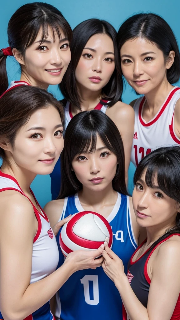 ((Highest quality)), ((masterpiece)), (detailed), volleyball uniform,Japanese women,((Mature Woman)),Middle age,45 years old,((3人のMature Woman)),(((Three Women))),Three Women,Three people side by side,Gymnasium background,holding a volleyball ball,Beauty,Beautiful face,Cute face,Realistic and natural live-action